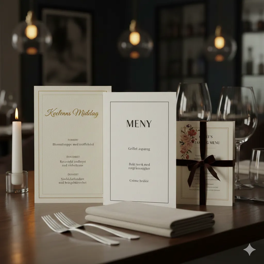 Profesjonelle menykort for middager
